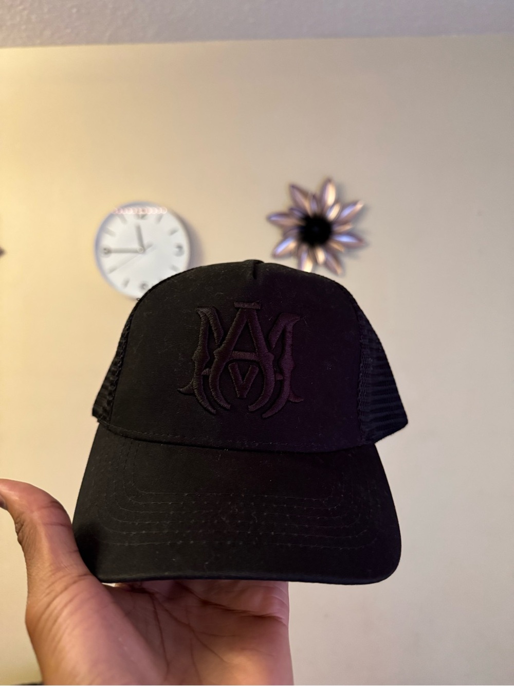 AMIRI Tonal Black MA Logo Leather Patch Trucker Cap OS